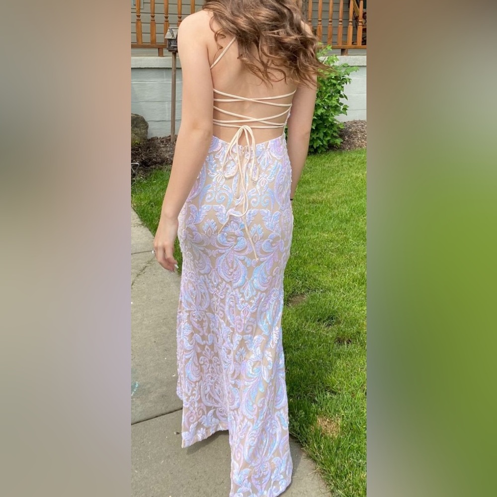 Sequin prom, dress with slit and strap back